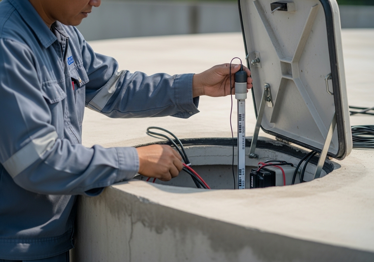 técnico instalando uma sonda em um reservatório